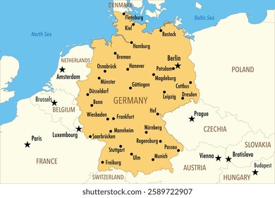 Vector Map of Germany with Major Cities and Neighboring Countries – Infographic Illustration