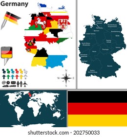 Vector map of Germany with regions with flags and location on world map.