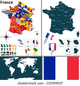 Vector map of Germany with regions with flags and location on world map.