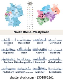 vector map of Germany with state Norrth Rhine-Westphalia map separately with largest cities skylines icons in tints of blue color palette svg