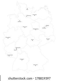 Vector map of Germany with states & cites on white. Projected in World Mercator. All elements are separated in editable layers clearly labeled.