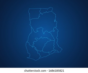 Mapa vectorial de la línea azul abstracta de Ghana escala sobre fondo oscuro.