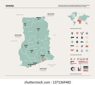 Vector map of Ghana.  High detailed country map with division, cities and capital Accra. Political map,  world map, infographic elements.  