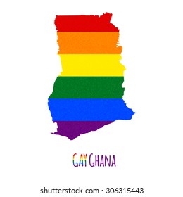 Vector map of Ghana in LGBT (lesbian, gay, bisexual, and transgender) flag colors and GAY Ghana caption on white background. Rainbow flag with denim textile texture.