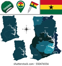 Vector map of Ghana with named region and travel icons