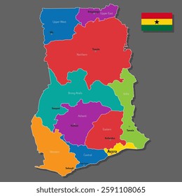 Vector map of Ghana with names of cities and with borders city