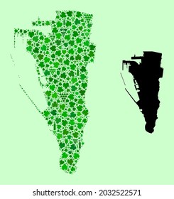 Vector Map of Gibraltar. Mosaic of green grape leaves, wine bottles. Map of Gibraltar collage designed from bottles, grapes, green leaves. Abstract mosaic designed for alcohol shops illustrations.