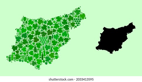 Vector Map of Gipuzkoa Province. Mosaic of green grape leaves, wine bottles. Map of Gipuzkoa Province collage designed with bottles, berries, green leaves.