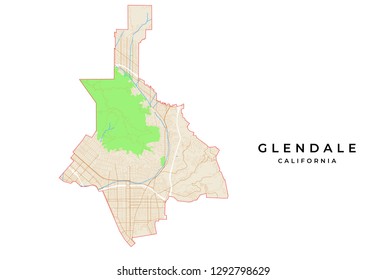 Vector map of Glendale, California, USA. Various colors for streets, parks, water and border.