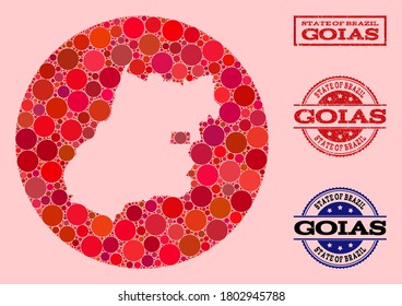 Mapa vectorial del collage del estado de Goias de elementos circulares y sello de sello rojo arañado. Mapa redondo de resta del collage del estado de Goias compuesto por círculos de diferentes tamaños y tonos rojos.