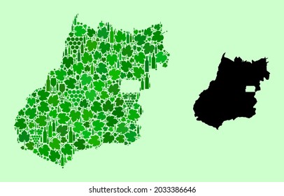 Vektorkarte des Staates Goias. Mosaik aus grünen Weinblättern, Weinflaschen. Karte von Goias State Collage bestehend aus Flaschen, Beeren, grünen Blättern. Abstrakte Collage nützlich für die Weinproduktion Propaganda.
