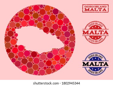 Vector map of Gozo Island collage of round blots and red scratched seal stamp. Hole round map of Gozo Island collage designed with circles in various sizes, and red shades.