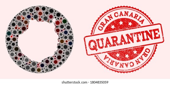 Mapa vectorial del collage de Gran Canaria del virus SARS y del sello de cuarentena de grunge rojo. Células de infección alrededor del territorio aislado desde el espacio.