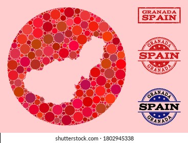 Vector map of Granada Province collage of round dots and red scratched seal. Hole round map of Granada Province collage created with circles in different sizes, and red color hues.