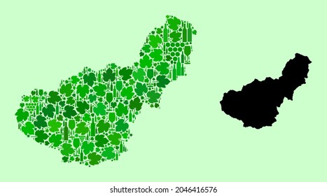 Vector Map of Granada Province. Combination of green grape leaves, wine bottles. Map of Granada Province collage designed with bottles, grapes, green leaves.