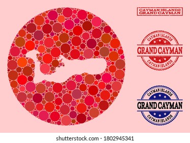 Vektorplan des Mosaiks von Grand Cayman Island mit runden Punkten und rotem Gummisiegel. Rundkarte von Grand Cayman Island mit Kreisen in unterschiedlichen Größen und roten Farbtönen.