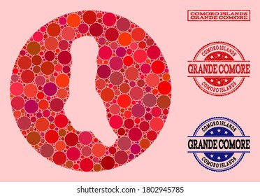Vector map of Grande Comore Island mosaic of circle dots and red grunge stamp. Stencil round map of Grande Comore Island collage created with circles in different sizes, and red shades.
