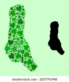 Mapa vectorial de la isla Grande Comore. Combinación de uvas verdes y botellas de vino. Mapa de la isla Grande Comore diseñado a partir de botellas, uvas, hojas verdes.
