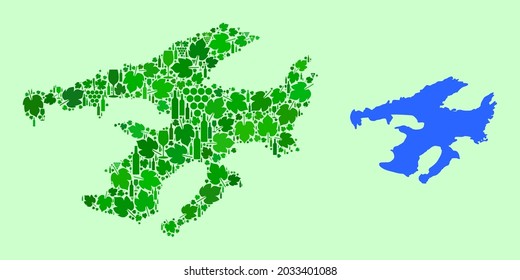Vector Map of Great Bear Lake. Collage of green grape leaves, wine bottles. Map of Great Bear Lake collage formed from bottles, grapes, green leaves.