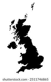 Mapa vetorial da Grã-Bretanha, um país do Noroeste da Europa. Silhueta preta detalhada, isolada no fundo branco.