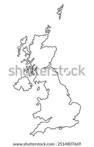 Vector map of Great Britain, a country in North-West Europe. Detailed black contour, isolated on white background.