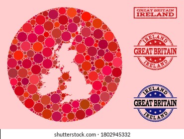 Vektorplan von Großbritannien und Irland sammelt runde Artikel und rotes Siegel. Kreiskarte für die Subtraktionsrunde von Großbritannien und Irland, die mit Kreisen verschiedener Größe erstellt wurde,