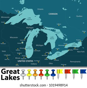 Vector map of Great Lakes with countries, big cities and icons