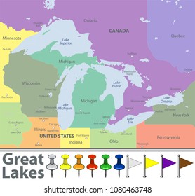 Vector map of Great Lakes with countries, big cities and icons