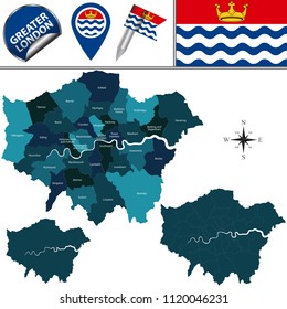 Vector map of Greater London, United Kingdom with named districts and travel icons.