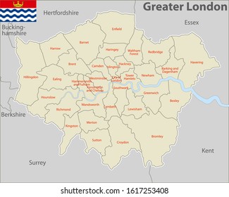 Vector map of Greater London, United Kingdom with named districts and travel icons.