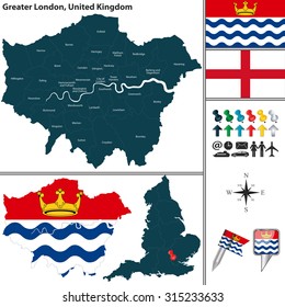 Vector map of Greater London in United Kingdom with regions and flags