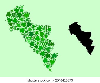 Mapa vectorial de Grecia - Isla Andros. Combinación de hojas de uva verde, botellas de vino. Mapa de Grecia - Mosaico de la isla Andros diseñado a partir de botellas, uvas, hojas verdes.
