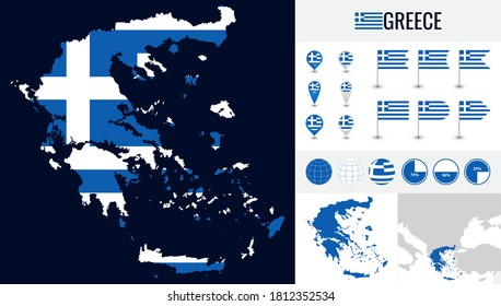 Vector map of Greece with flag and icons on white background