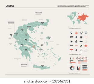 Vector map of Greece. High detailed country map with division, cities and capital Athens. Political map, world map, infographic elements.