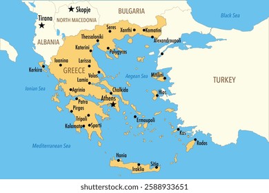 Vector Map of Greece with Major Cities and Neighboring Countries – Infographic Illustration