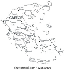 Vector map of Greece | Monochrome contour map with city names