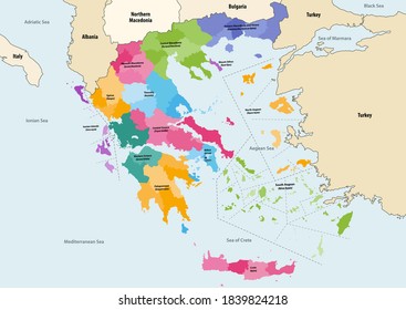 Vector map of Greece provinces colored by regions with neighbouring countries and territories