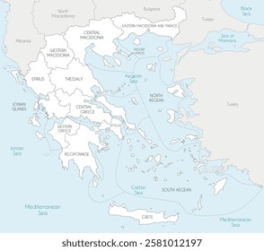 Vector map of Greece with regions and administrative divisions, and neighbouring countries and territories. Editable and clearly labeled layers.