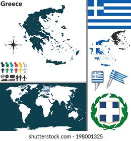 Vector map of Greece with regions, coat of arms and location on world map