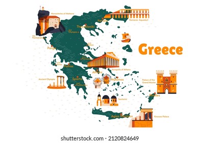 Vector map of Greece. Sights. Historical places. Tourism. Cities. Guide. Europe. Mountains. Athens. Olympus. Santorini. Crete. Rhodes. Acropolis. 