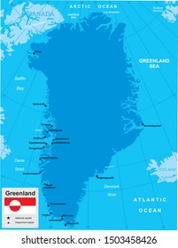 vector map of Greenland with borders of regions and flag in blue tones 
