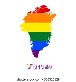 Vector map of Greenland in LGBT (lesbian, gay, bisexual, and transgender) flag colors and GAY Greenland caption on white background. Rainbow flag with denim textile texture.