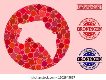 Vector map of Groningen Province collage of circle spots and red watermark seal. Subtraction circle map of Groningen Province collage composed with circles in different sizes, and red color tinges.