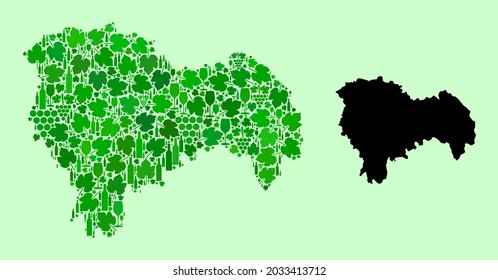 Vector Map of Guadalajara Province. Mosaic of green grapes, wine bottles. Map of Guadalajara Province mosaic designed with bottles, grapes, green leaves.