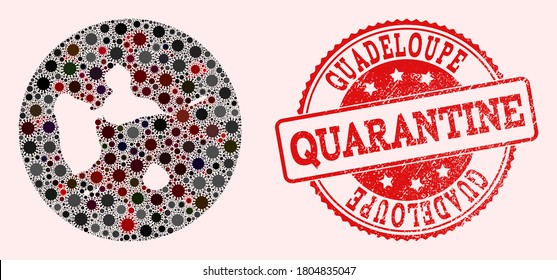 Vector map of Guadeloupe collage of flu virus and red grunge quarantine stamp. Infection cells around the lockdown territory from out space.