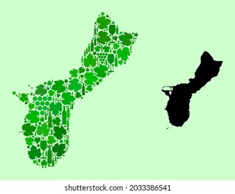 Vector Map of Guam Island. Collage of green grape leaves, wine bottles. Map of Guam Island mosaic designed from bottles, berries, green leaves. Abstract mosaic designed for marketing proclamations.
