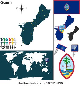 Vector map of Guam with regions, coat of arms and location on world map