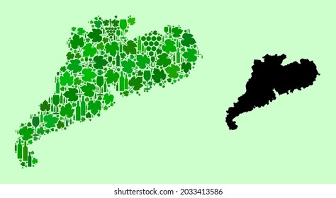 Mapa de vectores de la provincia de Guangdong. Collage de hojas verdes de uva, botellas de vino. Mapa del mosaico de la provincia de Guangdong diseñado a partir de botellas, bayas, hojas verdes.
