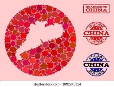 Vector map of Guangdong Province mosaic of circle blots and red watermark seal stamp. Stencil circle map of Guangdong Province collage composed with circles in different sizes, and red color hues.