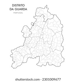 Vector Map of Guarda District (Distrito da Guarda) with administrative borders of Regions, Subregions, Municipalities (Concelhos)  and Civil Parishes (Freguesias) as of 2023 - Portugal